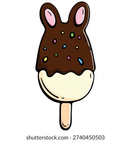 Professional vector icon of a vegan chocolate popsicle with cute bunny ears and colorful sprinkles. A creative plant based frozen treat for Easter holiday menus, cafe branding, and seasonal confectionery designs.