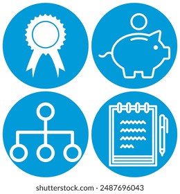 Professional vector icons featuring a ribbon award, piggy bank, organizational chart, and notepad with pen, ideal for business, finance, management, and educational themes