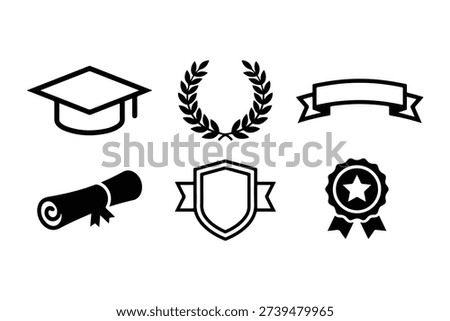 Professional vector icons for graduation and achievement. Includes a mortarboard cap laurel wreath ribbon diploma shield and award medal for academic branding and ceremony designs.