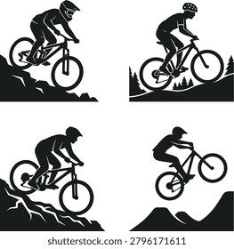 Professional vector icons illustrating cyclists riding mountain bikes through forests and rocky areas with various riding postures.