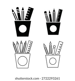 Profesional de iconos vectoriales de un vaso de lápiz que contiene lápices de bolígrafos y una Regla. Estilos minimalistas de diseño plano y arte lineal para proyectos gráficos educativos y de oficina.