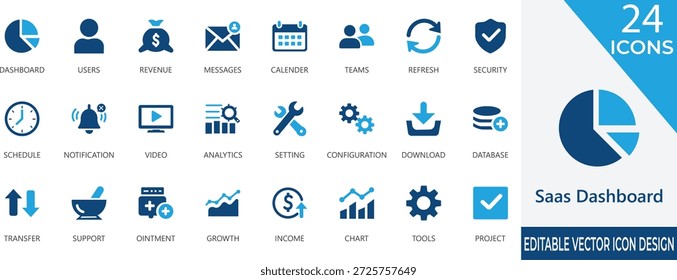 Profesional de iconos vectoriales de métricas de tablero SaaS, nube, software, datos, interfaz, análisis, gráficos y flujo de trabajo automatizado.