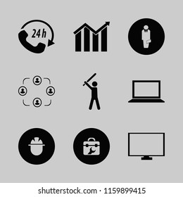 professional vector icons set. with baseball player, growing graph, laptop and builder in set