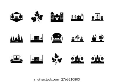 Professional vector icons showcasing diverse scenes including castles and garden plants.
