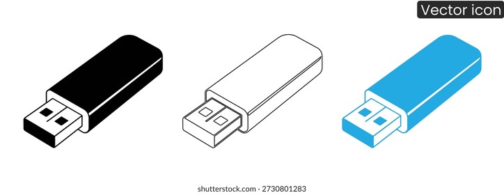 Ícones vetoriais profissionais de unidades flash USB em preto, branco e azul, perfeitos para projetos de tecnologia e negócios