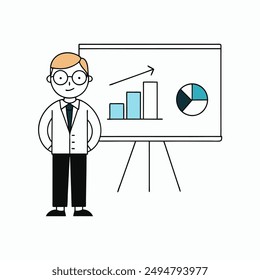 Professional vector illustration of an analyst presenting data. Perfect for business, finance, and corporate presentations, highlighting statistics, strategies, and analysis