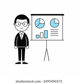 Professional vector illustration of an analyst presenting data. Perfect for business, finance, and corporate presentations, highlighting statistics, strategies, and analysis