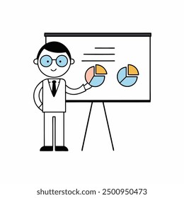 Professional vector illustration of an analyst presenting data. Perfect for business, finance, and corporate presentations, highlighting statistics, strategies, and analysis