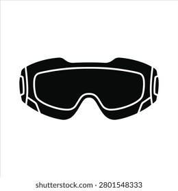 Professional vector illustration of black ski goggles with white outline on plain background, isolated protective eyewear for winter sports and snowboarding activities.