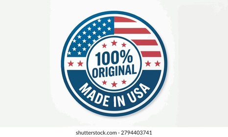 Professional vector illustration of a circular badge featuring an american flag theme with bold text stating one hundred percent original