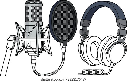 Professional vector illustration of a condenser microphone with a pop filter alongside studio headphones. Ideal for themes related to podcasting, music production, broadcasting, and voiceover recording.
