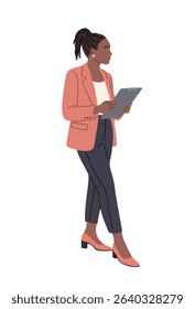 Professional vector illustration of a confident businesswoman holding a clipboard, dressed in a coral blazer and heels. Ideal for office, corporate, or leadership concepts.

