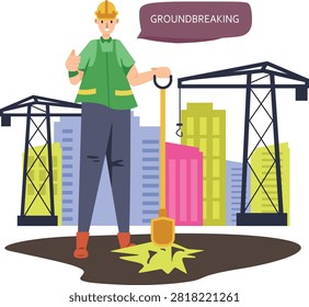 Professional vector illustration of a construction worker with a shovel during a groundbreaking opening ceremony celebration. Ideal for construction projects, business launches, real estate promotions, infrastructure events, and commercial marketing materials.