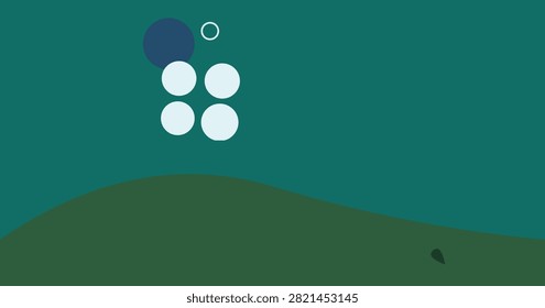 A professional vector illustration depicting a dark teal landscape with a unique circular cluster hovering in the sky. The minimalist approach and clean lines create an evocative and modern artistic composition.
