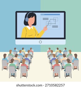 Uma ilustração vetorial profissional que representa um ambiente de aprendizagem virtual de ensino superior. Um grande grupo de estudantes está sentado em filas, cada um segurando um tablet, observando uma professora idosa