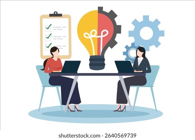 A professional Vector illustration depicting two women collaborating on innovative solutions at a workspace with tools.
