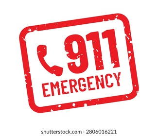 Professional vector illustration of a distressed Emergency 911 stamp featuring a telephone handset icon and bold grunge typography. Perfect for public safety signage, emergency response graphics, police and fire departments, emergency medical services, awareness campaigns, mobile applications, and informational materials.