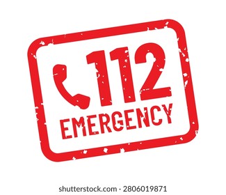 Professional vector illustration of a distressed Emergency 112 stamp featuring a telephone handset icon and bold grunge typography. Ideal for public safety signage, emergency response graphics, hospitals, first aid materials, rescue services, awareness campaigns, mobile applications, and emergency communication resources.