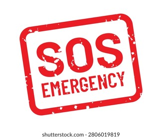 Professional vector illustration of a distressed SOS Emergency stamp featuring bold typography with a vintage grunge rubber stamp effect. Perfect for public safety graphics, emergency response materials, first aid guides, rescue services, healthcare campaigns, warning signs, mobile applications, and informational designs.