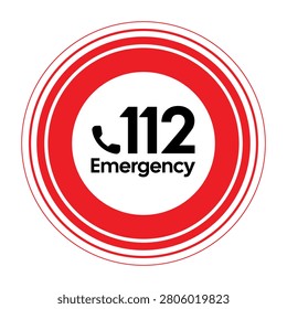 Professional vector illustration of an Emergency 112 sign featuring a telephone handset icon and the universal European emergency number inside a bold circular design. Ideal for public safety signage, hospitals, emergency response, first aid, rescue services, government facilities, transportation hubs, schools, and informational graphics.
