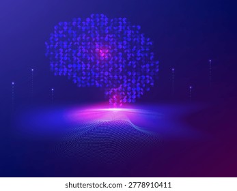 A professional vector illustration featuring an abstract digital brain constructed from numerous 3D isometric cubes, reminiscent of Rubik's cubes. The brain is formed by floating data particles and waves rising from a vibrant blue, purple, and pink gradient background. This visual concept represents complex analytical thinking, systematic problem solving, and the logical processing of artificial intelligence. The composition is designed with ample copy space, making it perfect for tech landing pages, AI-themed presentations, and modern business headers.