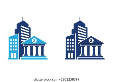 A professional vector illustration featuring a bank building with a dollar sign alongside corporate skyscrapers representing financial districts and urban banking centers.