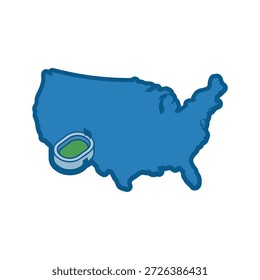 A professional vector illustration featuring a blue silhouette map of the United States with a 3D isometric stadium icon located in the Southwest region. Ideal for sports travel, venue mapping, and national tournament themes.