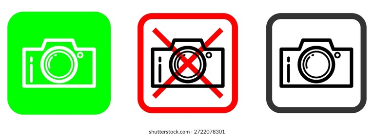 Professional vector illustration featuring camera symbols inside rounded square borders, designed for clear signage, mobile apps, and user interface guidance