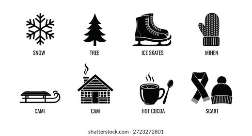 Ilustração vetor profissional com elementos clássicos do inverno como cachecol quente do cacau do pinheiro do floco de neve e alojamento acolhedor da montanha
