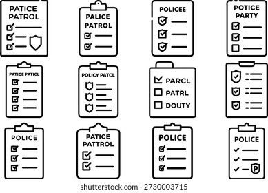 Ilustración vectorial de Profesional con una lista de control de servicio de patrulla policial limpia y moderna con íconos de Aprobación, diseñada para materiales de aplicación de la ley, escalable y editable para el Uso comercial.