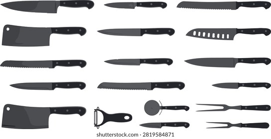 Professional vector illustration featuring a collection of essential kitchen knives and cooking tools, including chef knives, cleavers, bread knives, carving knives, pizza cutter, peeler, and carving forks. Perfect for culinary websites, restaurant branding, recipe graphics, kitchen guides, packaging, and food-related design projects.