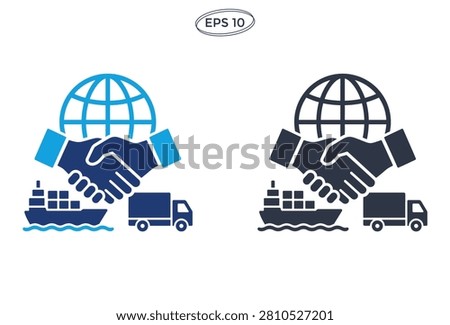 A professional vector illustration featuring a handshake over a globe with cargo ship and delivery truck representing international shipping and business logistics agreements.