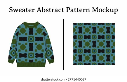 A professional vector illustration featuring a knitted sweater mockup alongside an abstract geometric seamless pattern for fashion design projects and retail apparel marketing displays.