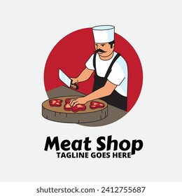 A professional vector illustration featuring a mustachioed butcher or chef character wearing a white hat and black apron. The character is shown chopping raw red meat steaks on a wooden cutting board with a large kitchen cleaver. The design is set against a bold red circular background with the text Meat Shop Tagline Goes Here at the bottom. This high quality graphic asset is ideal for branding, signage, business cards, and marketing materials for local butcheries, steakhouses, and meat markets.