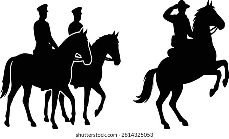 A professional vector illustration featuring silhouettes of military mounted officers, showcasing a troop in formation and a leader saluting on a rearing horse. This clean graphic is ideal for veterans day tributes, military memorial designs, historical pageants, and official ceremonial posters.