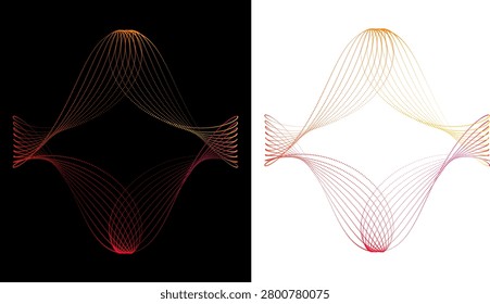 Professional vector illustration featuring a sophisticated astroid ribbon pattern composed of colorful sunset-toned dots on contrasting black and white backgrounds for versatile use.