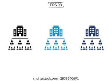 A professional vector illustration featuring three variations of a corporate hierarchy chart with a building icon representing the headquarters and connected employee levels