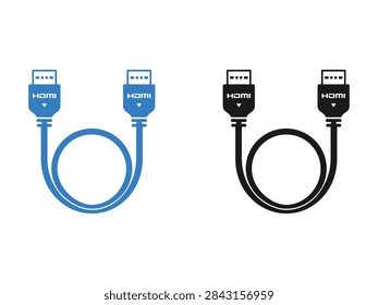 A professional vector illustration featuring two HDMI cable icons in blue and black colors representing high definition multimedia interface connectivity for electronic devices.