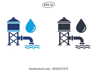 A professional vector illustration featuring water tower icons with storage tanks pipes and liquid droplets representing plumbing and municipal utility systems in flat style