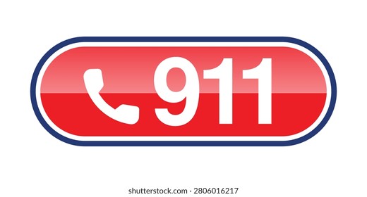Professional vector illustration of a glossy Emergency 911 badge featuring a telephone handset icon and the universal emergency phone number. Ideal for emergency response systems, public safety signage, police and fire departments, emergency medical services, mobile applications, hospitals, and crisis communication materials.