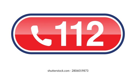 Professional vector illustration of a glossy Emergency 112 badge featuring a telephone handset icon and the universal European emergency phone number. Ideal for public safety signage, emergency response systems, hospitals, first aid materials, rescue services, transportation hubs, mobile applications, and crisis communication graphics.
