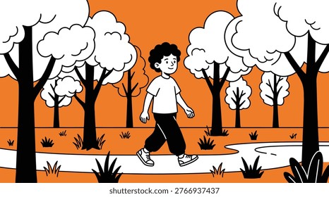 A professional vector illustration of a happy boy with curly hair walking on a park path surrounded by trees and grass in a clean flat line art style.