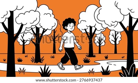 A professional vector illustration of a happy boy with curly hair walking on a park path surrounded by trees and grass in a clean flat line art style.