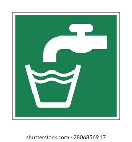Professional vector illustration of the ISO 7010 E015 Drinking Water sign featuring a water tap and drinking glass symbol on a green background. Perfect for public buildings, parks, campgrounds, schools, workplaces, recreational facilities, and ISO 7010 safety and wayfinding documentation.