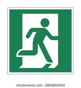 Professional vector illustration of the ISO 7010 E002 Emergency Exit sign featuring the right-hand escape route symbol on a green background. Perfect for fire safety systems, evacuation plans, workplaces, schools, hospitals, public buildings, architectural projects, and ISO 7010 safety compliance documentation.