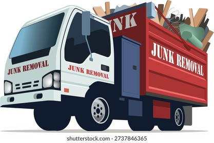 A professional vector illustration of a junk removal truck featuring a white cab and a large red cargo container filled with debris. The bold “JUNK REMOVAL” text displayed on both the cab and container makes it ideal for waste management companies, debris hauling services, cleanout businesses, and garbage disposal branding materials.