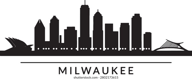 Professional vector illustration of Milwaukee city skyline featuring detailed silhouettes of famous landmarks bridge architecture and urban buildings set against transparent background ideal for travel branding posters web design or editorial projects depicting american cityscapes.