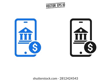 A professional vector illustration of a mobile banking app icon showing a smartphone screen with a bank facade and a dollar coin in blue and black versions