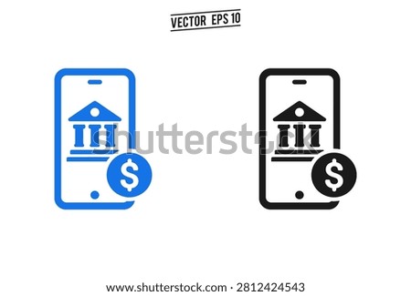 A professional vector illustration of a mobile banking app icon showing a smartphone screen with a bank facade and a dollar coin in blue and black versions