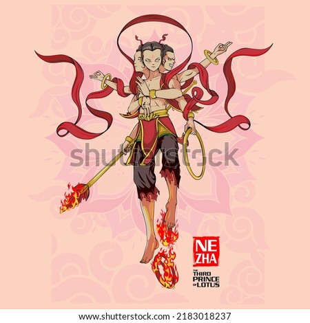 A professional vector illustration of Nezha the Third Prince of Lotus, a protection deity in Chinese folk religion. The character is depicted with six arms, three heads, Wind Fire Wheels, a fire tipped spear, and a Universe Ring against a pink lotus pattern background. This high quality mythological graphic is ideal for cultural editorial content, traditional festival posters, gaming character design, and Asian heritage themed apparel.